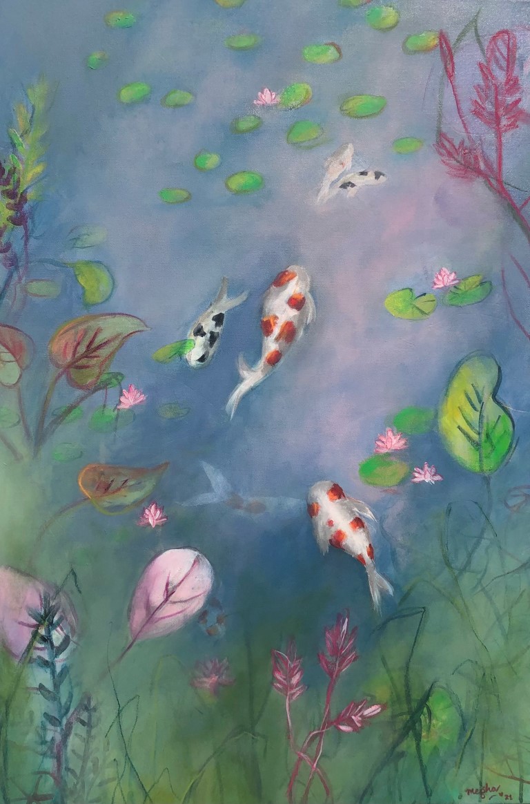 nature,mixed media paintings,plants, leaves, flower painting, pond painting,gold fish, koi fish, home décor,